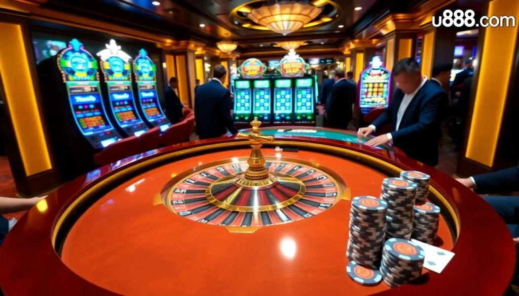 Experience the thrilling atmosphere of u888.com with elegant casino games and vibrant roulette tables.