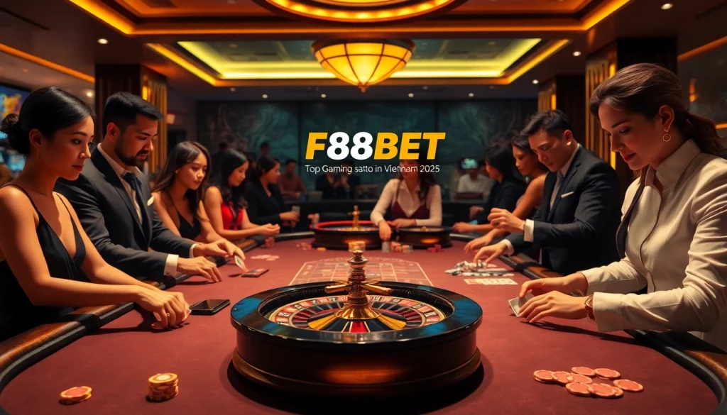 Players enjoying an exciting game at F88BET's luxurious casino table with vibrant colors and professional ambiance.