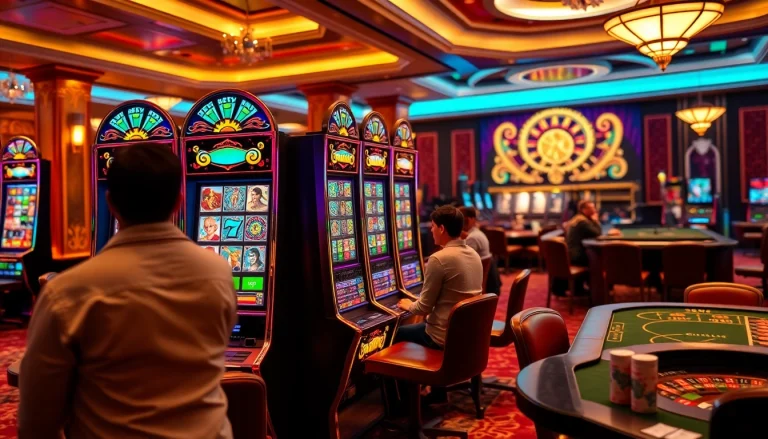 Gamblers playing raja barong slot machine in an upscale casino setting under colorful lights.