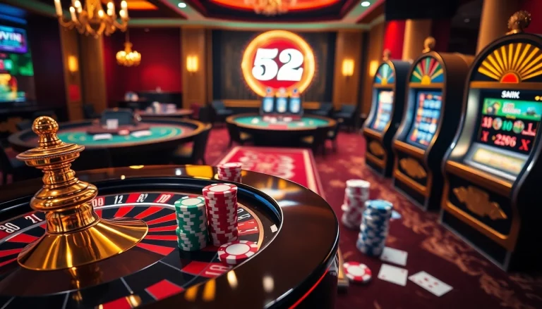 Players enjoying the excitement of 52WIN at a vibrant casino table surrounded by poker chips and slot machines.