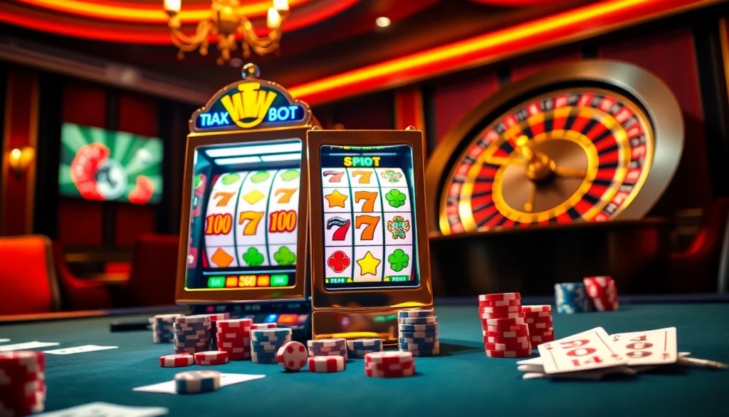 Experience the thrill of max88 slot games amidst an opulent casino backdrop filled with excitement.