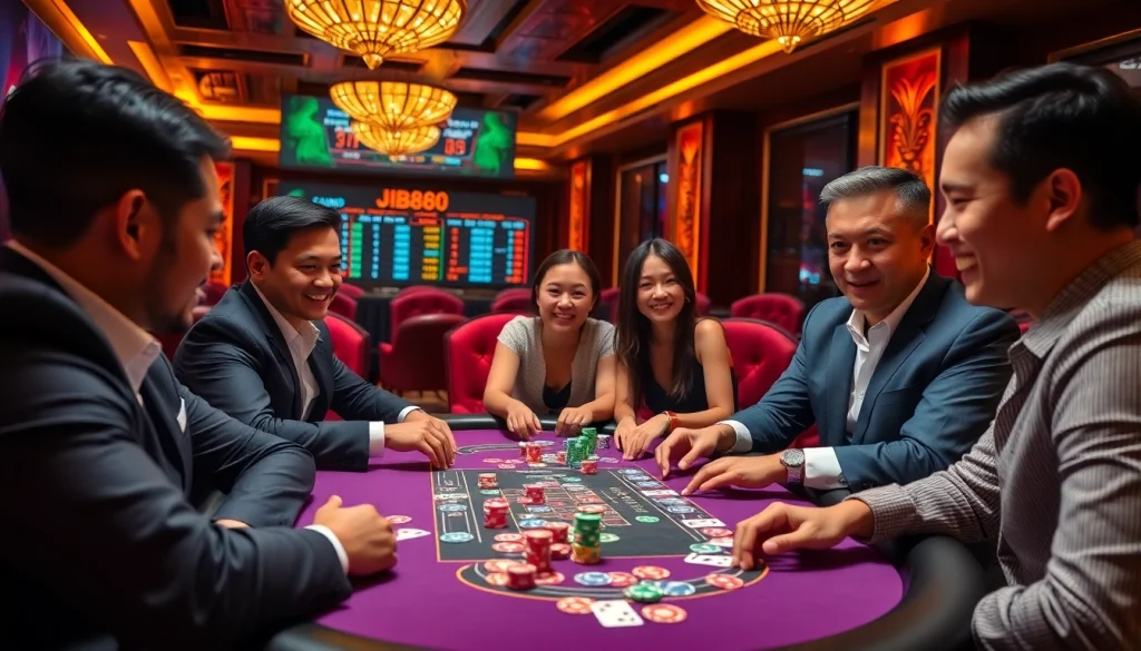 Engaging scene of Đá Gà Thomo BJ888 at a vibrant casino table filled with players and colorful gambling chips.