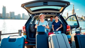 Kuching car hire experience with travelers joyfully loading luggage into a rental car by the riverside.