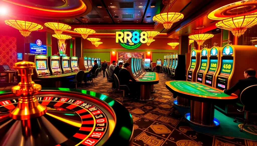 Players enjoying high-stakes action at RR88 casino's roulette and poker tables