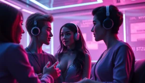 Engaging AI sex chat interaction featuring diverse virtual characters in a captivating digital environment.