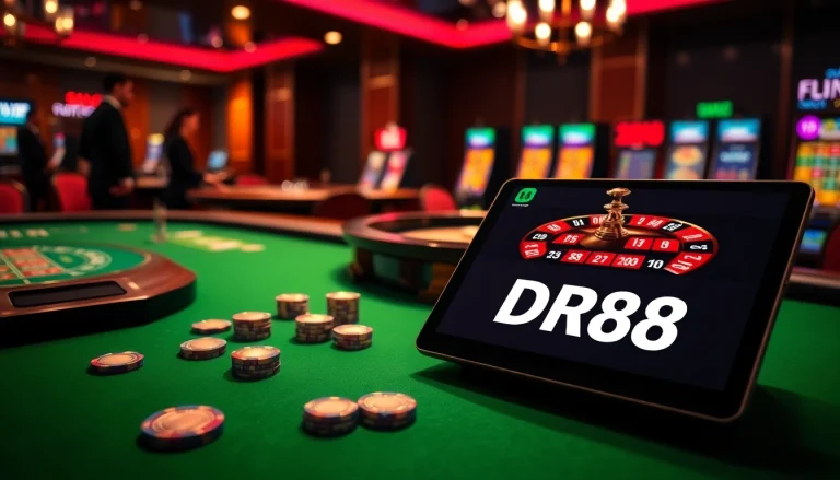 Experience the thrill of gaming at DR88 with vibrant casino tables and online interfaces.
