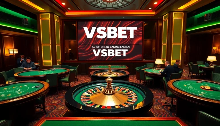 Players engaging in thrilling games at VSBET, featuring a luxurious casino atmosphere with roulette and poker.