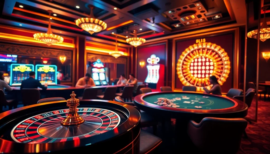 Experience the excitement of online gambling at https://lu88.us.org/ featuring a luxurious casino scene with roulette and poker.