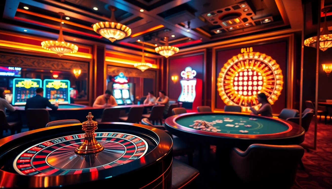 Experience the excitement of online gambling at https://lu88.us.org/ featuring a luxurious casino scene with roulette and poker.