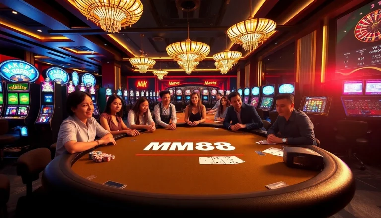 MM88 gaming table featuring players excitedly handling cards and chips, enhancing the thrill of casino betting.