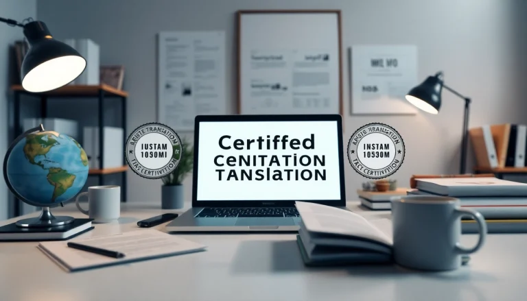 Certified translation services workspace with documents and laptop.