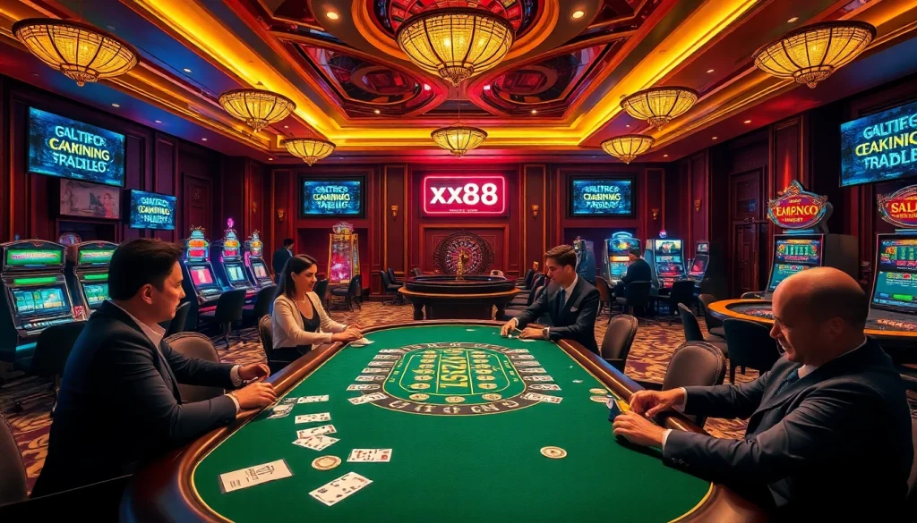 Experience the thrill of high-stakes gambling at https://xx88.promo/ with a luxurious poker table and vibrant slot machines.