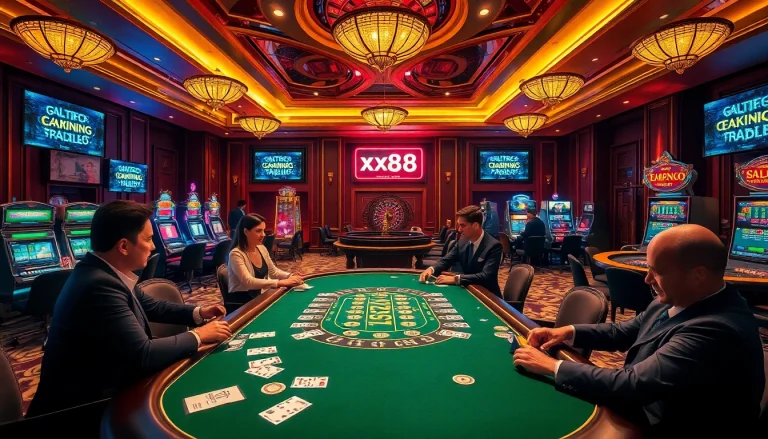 Experience the thrill of high-stakes gambling at https://xx88.promo/ with a luxurious poker table and vibrant slot machines.