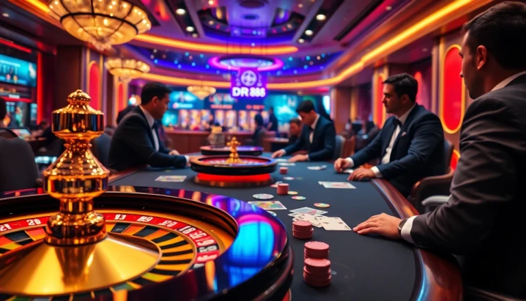 Experience high-stakes gaming at DR88 with a luxurious poker table and vibrant casino ambiance.