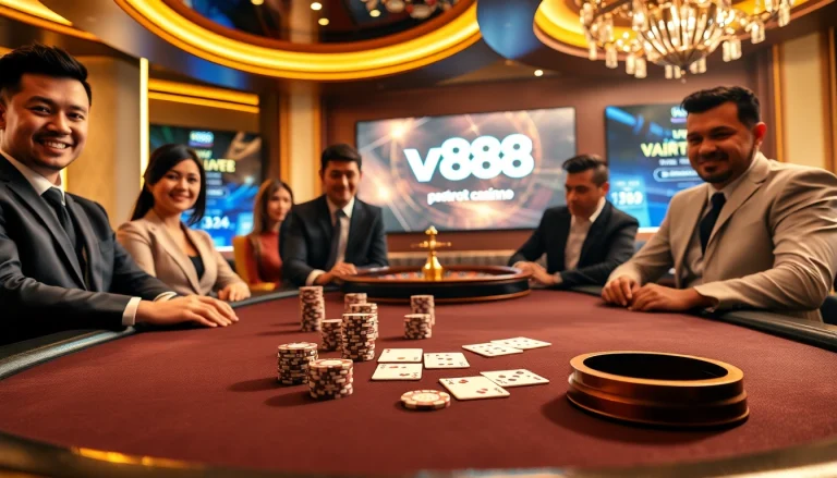 Experience an exciting poker game at vn88 with vibrant chips and engaged players.