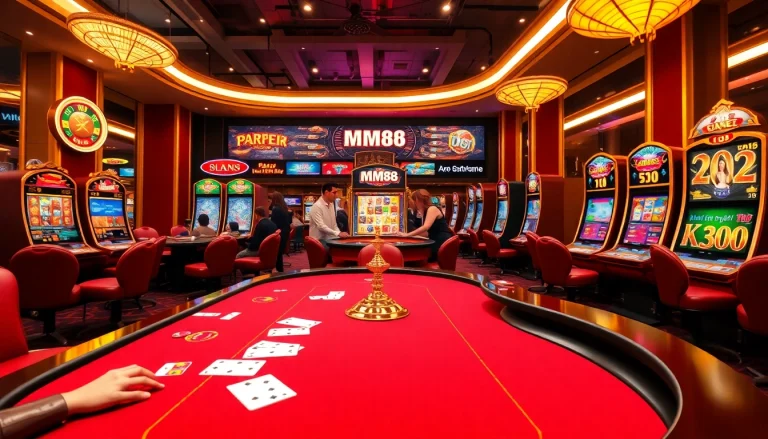 Players enjoying a luxurious experience at MM88 casino with vibrant gaming tables and slot machines.