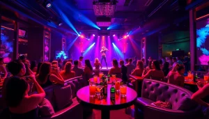 Vibrant nightlife at Night club sxm, featuring dancers, luxury seating, and colorful lights.