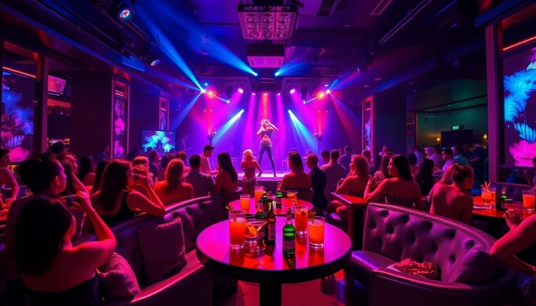 Vibrant nightlife at Night club sxm, featuring dancers, luxury seating, and colorful lights.