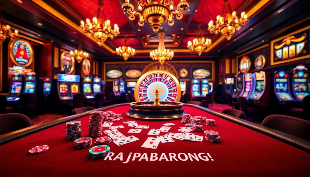 RAJABARONG gambling scene with a high-stakes poker table, roulette wheel, and vibrant slot machines.