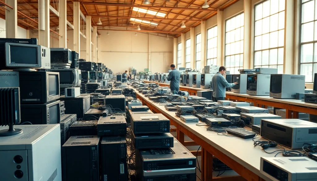 Collect old computers for free at a professional recycling center with organized workstations.