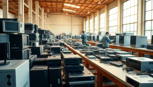 Collect old computers for free at a professional recycling center with organized workstations.