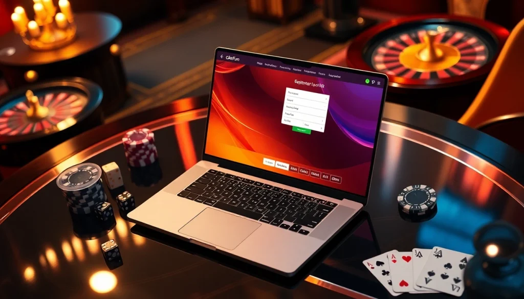 Engaging image of the OKFUN đăng Ký online registration screen with poker chips and cards.