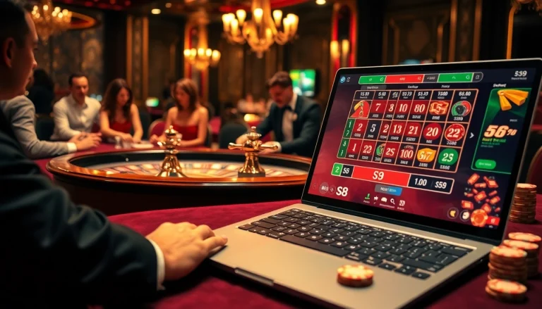 Players enjoy the excitement of s8 casino games with vibrant chips and roulette wheel.
