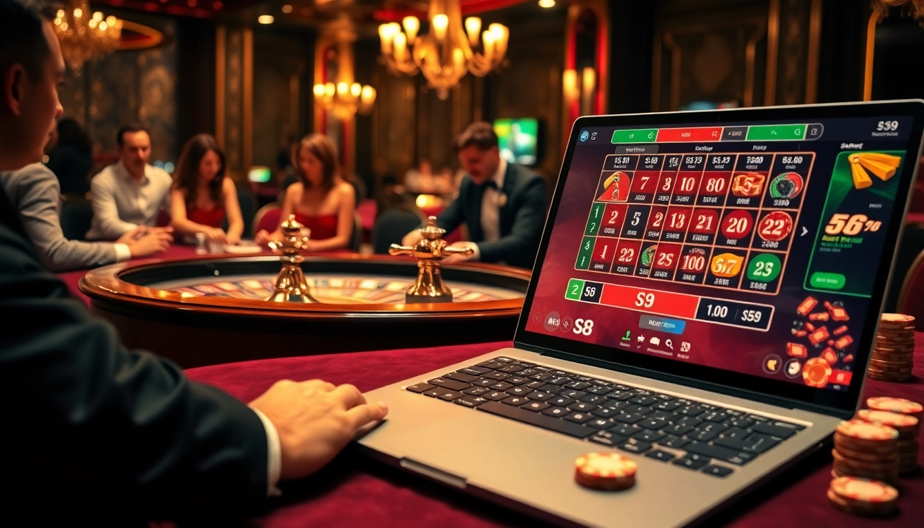 Players enjoy the excitement of s8 casino games with vibrant chips and roulette wheel.