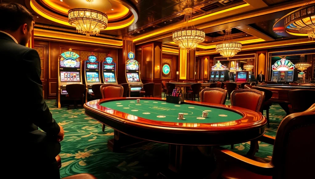 Exciting scene of high-stakes gambling at i9bet casino featuring poker table and slot machines.