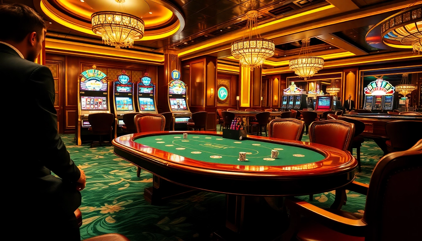Exciting scene of high-stakes gambling at i9bet casino featuring poker table and slot machines.