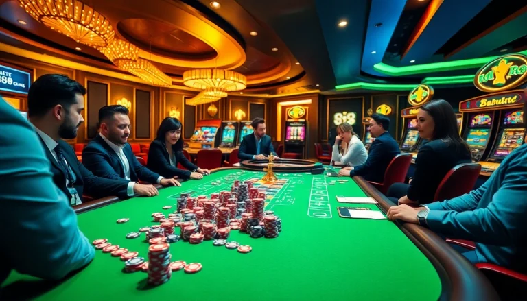 Experience the excitement of 888b with a vibrant casino scene showcasing game tables and lively players.