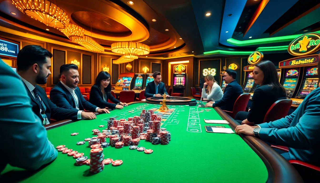 Experience the excitement of 888b with a vibrant casino scene showcasing game tables and lively players.