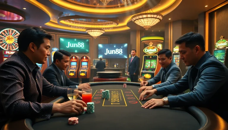 Exciting poker game scene at Jun88 casino with vibrant atmosphere and top-notch gameplay.