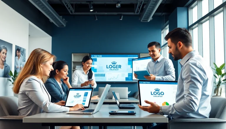 Professional business team collaborating with Logo Tiger software in a modern office setting.