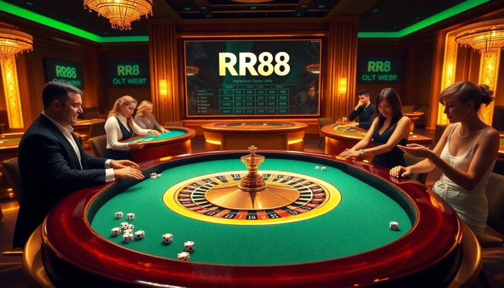 Players strategizing with RR88 chips at a vibrant casino table in an immersive gaming scene