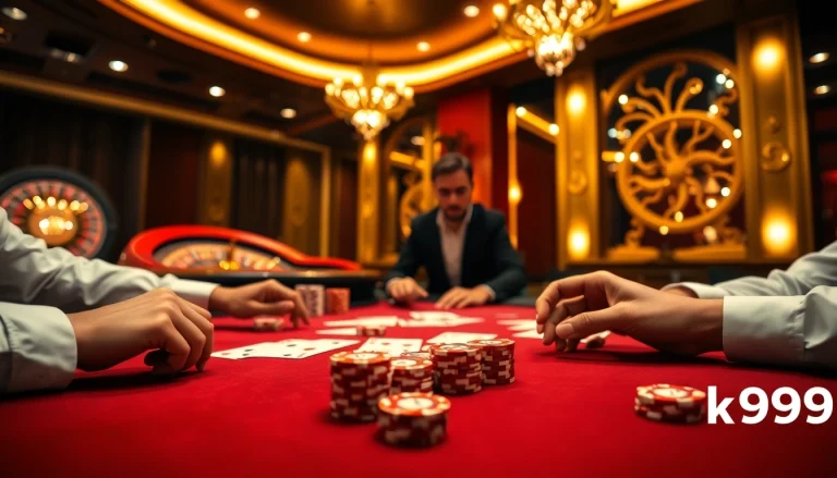 Exciting high-stakes poker game at a casino, showcasing Ok99 poker chips and professional players.