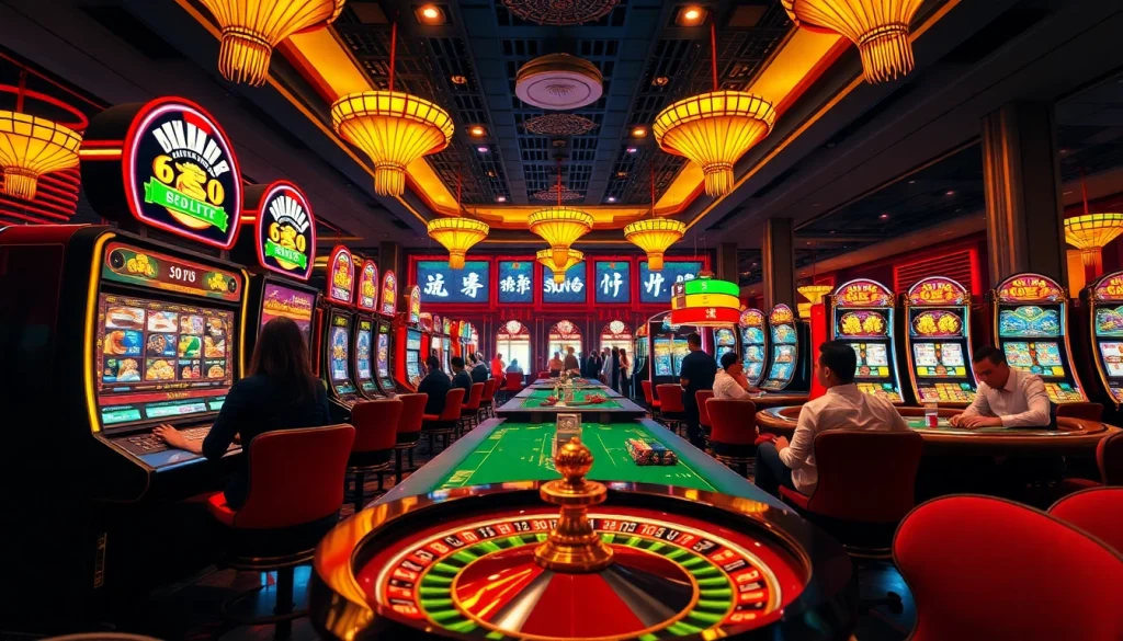Experience thrilling nổ hũ action in a vibrant casino setting with colorful slot machines and excited players.