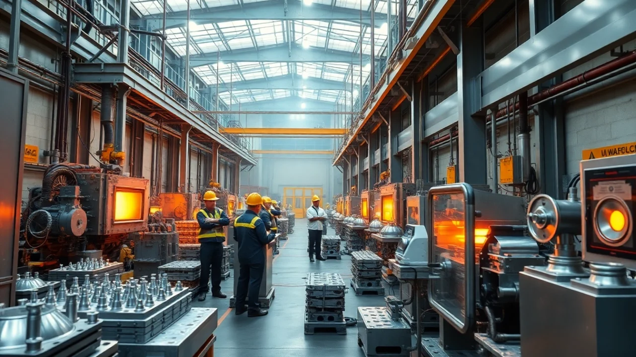 Aluminum die casting Malaysia factory showcasing advanced casting machinery and skilled workers.