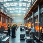 Aluminum die casting Malaysia factory showcasing advanced casting machinery and skilled workers.