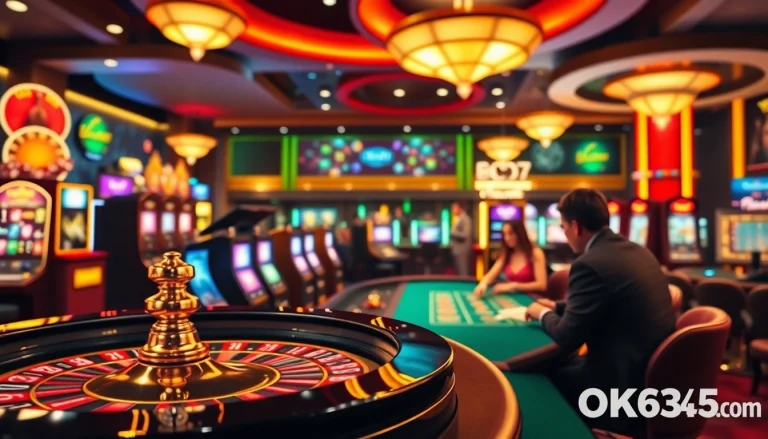 Engaging scene of online gambling with casino tables and vibrant slot machines at OK365 com.