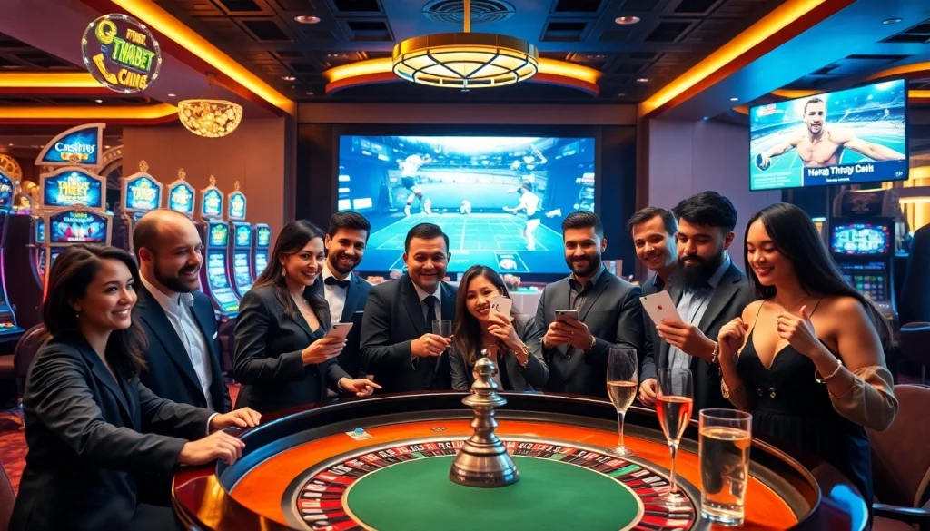 Exciting gambling atmosphere at Nhà cái Thabet with players enjoying roulette and vibrant slots.
