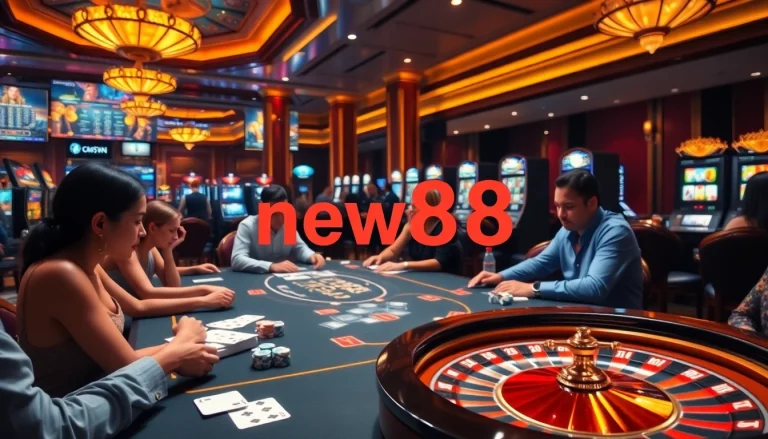 Betting at a vibrant casino table highlighting the new88 brand in action.