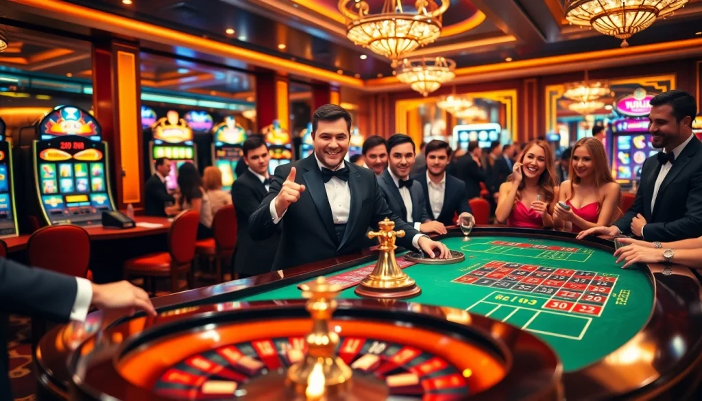 MM88 HOW casino scene with players engaging at a roulette table and vibrant slot machines.