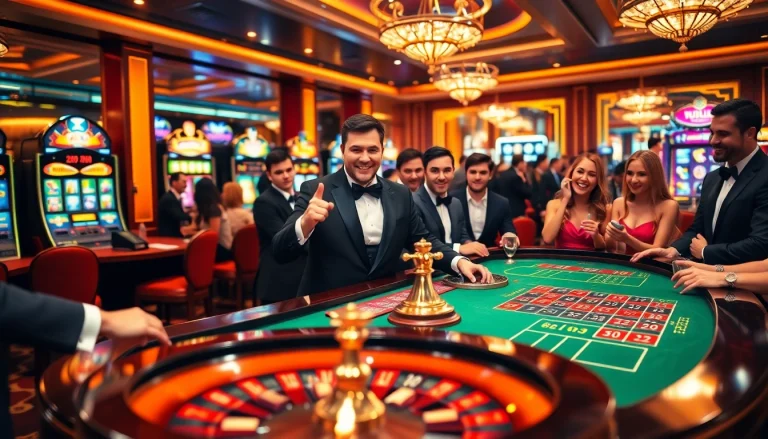 MM88 HOW casino scene with players engaging at a roulette table and vibrant slot machines.