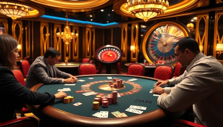 A thrilling poker game at DA88 casino, showcasing vibrant chips and engaged players.