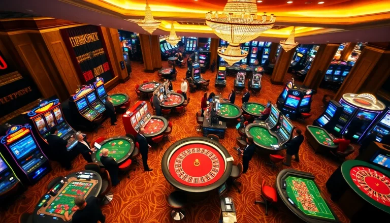 Dive into the thrilling world of https://f168.news/ with gamblers enjoying top casino games and vibrant slot machines.