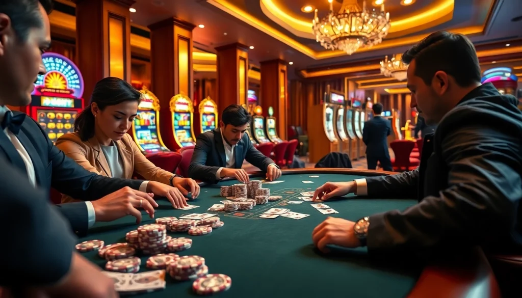 Professional players compete at a poker table at Nhà cái 32Win casino, surrounded by flashing slot machines.