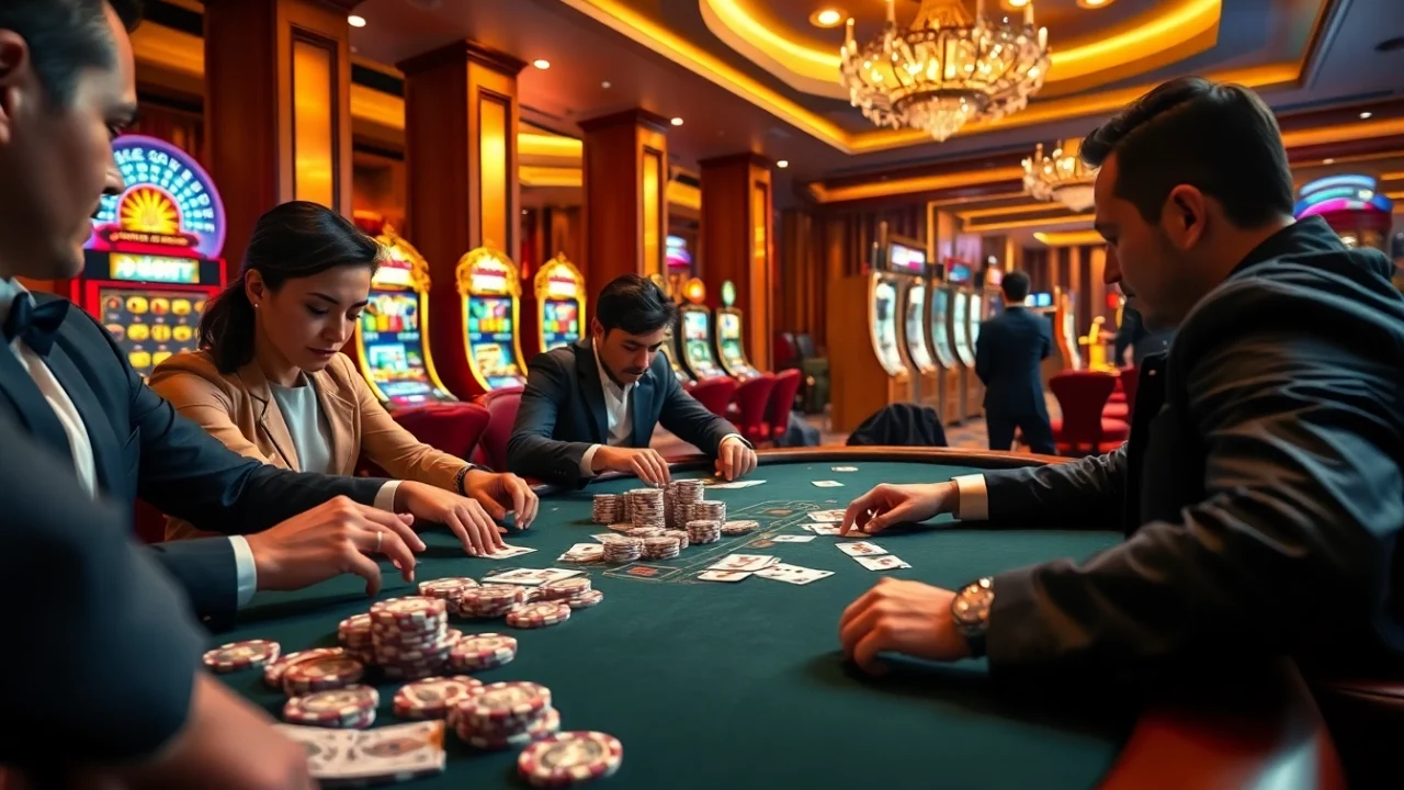Professional players compete at a poker table at Nhà cái 32Win casino, surrounded by flashing slot machines.