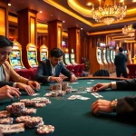 Professional players compete at a poker table at Nhà cái 32Win casino, surrounded by flashing slot machines.