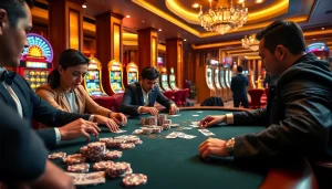 Professional players compete at a poker table at Nhà cái 32Win casino, surrounded by flashing slot machines.